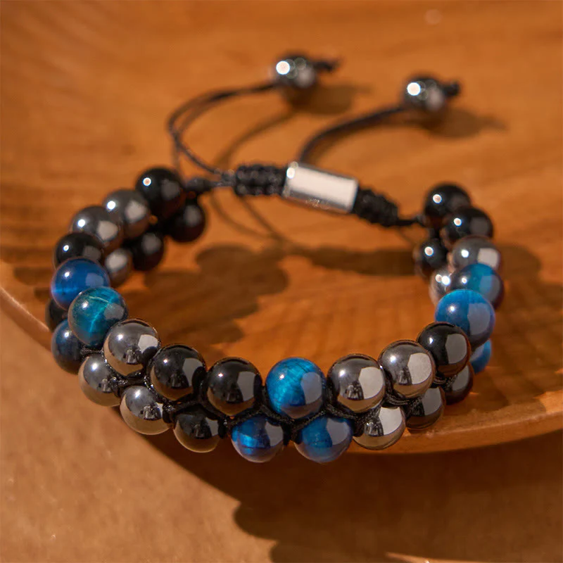 Buddha Stones Natural Blue Tiger Eye Black Magnetite Black Obsidian Double Row Beads Protection Bracelet