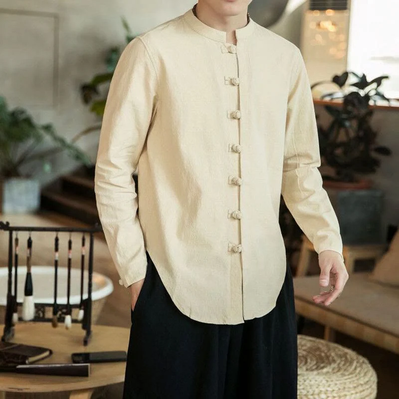 Buddha Stones Casual Stand Collar Frog-Button Long Sleeve Tang Suit Linen Men's Shirt