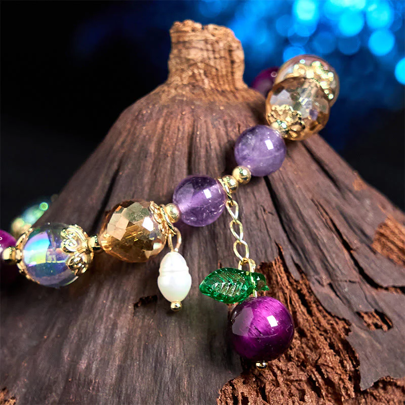 Buddha Stones Natural Red Tiger Eye Purple Tiger Eye Beads Green Leaf Protection Bracelet