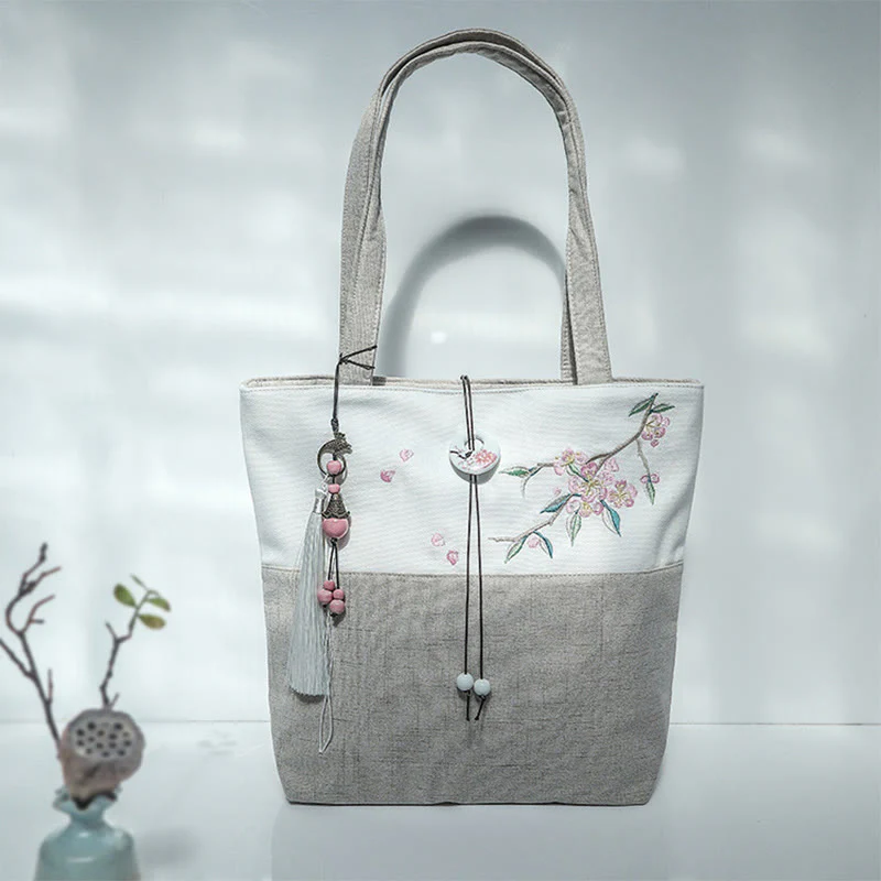 Buddha Stones Pear Flower Plum Peach Blossom Bamboo Embroidery Canvas Large Capacity Shoulder Bag Tote Bag