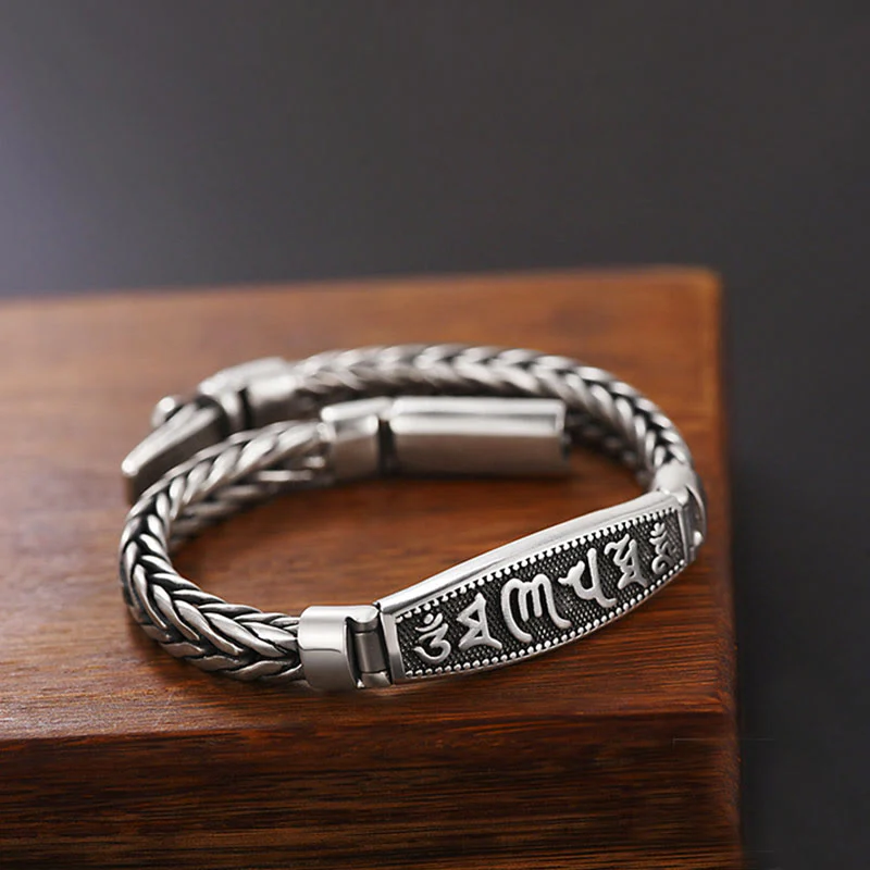 Buddha Stones Tibetan Copper Weave Om Mani Padme Hum Relief Vajra Peace Metal Bracelet