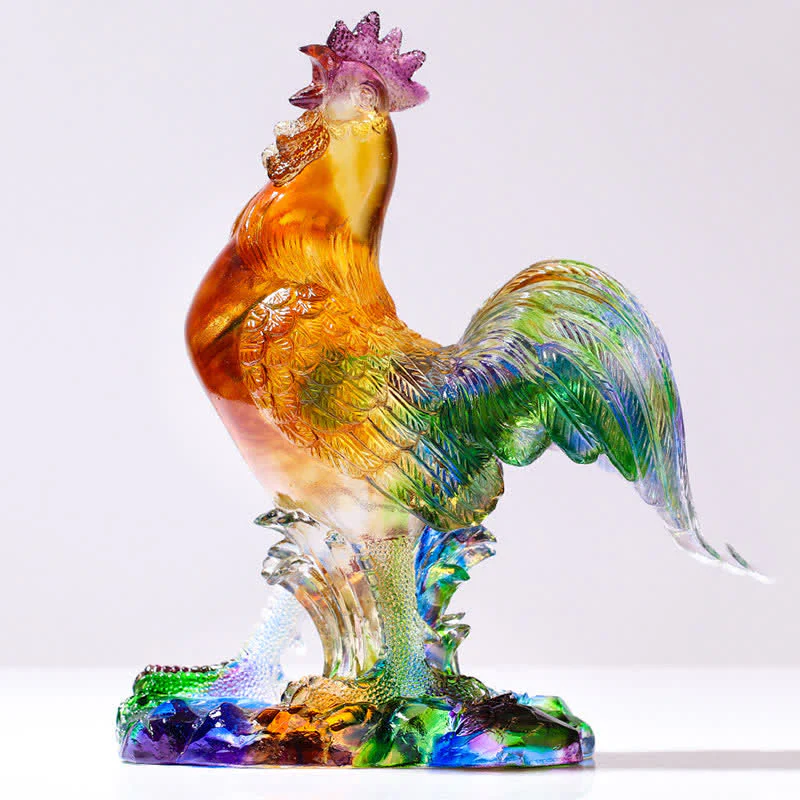 Buddha Stones Handmade Liuli Crystal Rooster Art Piece Home Decoration