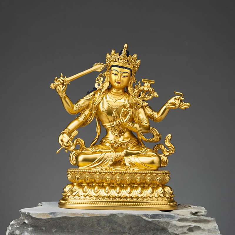 Buddha Stones Four-armed Manjusri Bodhisattva Gold Figurine Compassion Serenity Copper Statue Home Decoration