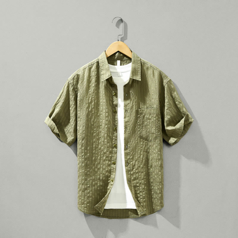 Buddha Stones Summer Solid Breathable Men's Buttons Short Sleeve Tencel Shirt