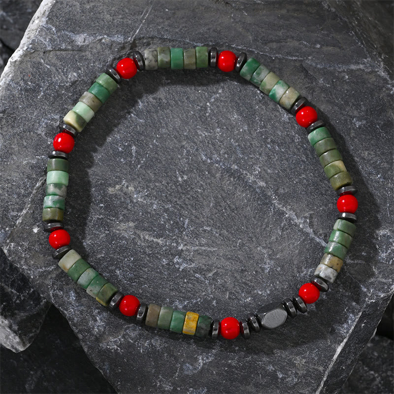 Buddha Stones Natural Green Stone Hematite Red Coral Powerful Bracelet