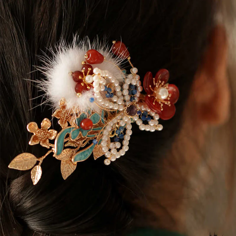 Buddha Stones Classical Chinese Style Red Flower Butterfly Pearl Hair Clip