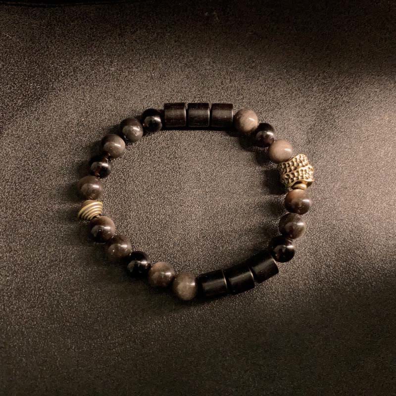 Buddha Stones Silver Sheen Obsidian Ebony Protection Bracelet