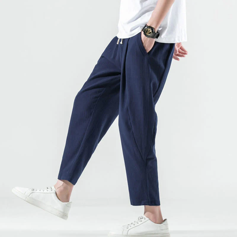 Buddha Stones Casual Plain Pleated Design Drawstring Men's Long Cotton Linen Harem Pants With Pockets
