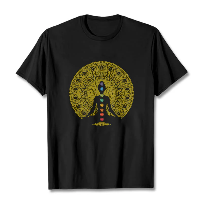 Buddha Stones Casual Colorful Chakra Symbols Golden Meditative Figure Pattern Cotton Tee T-shirt