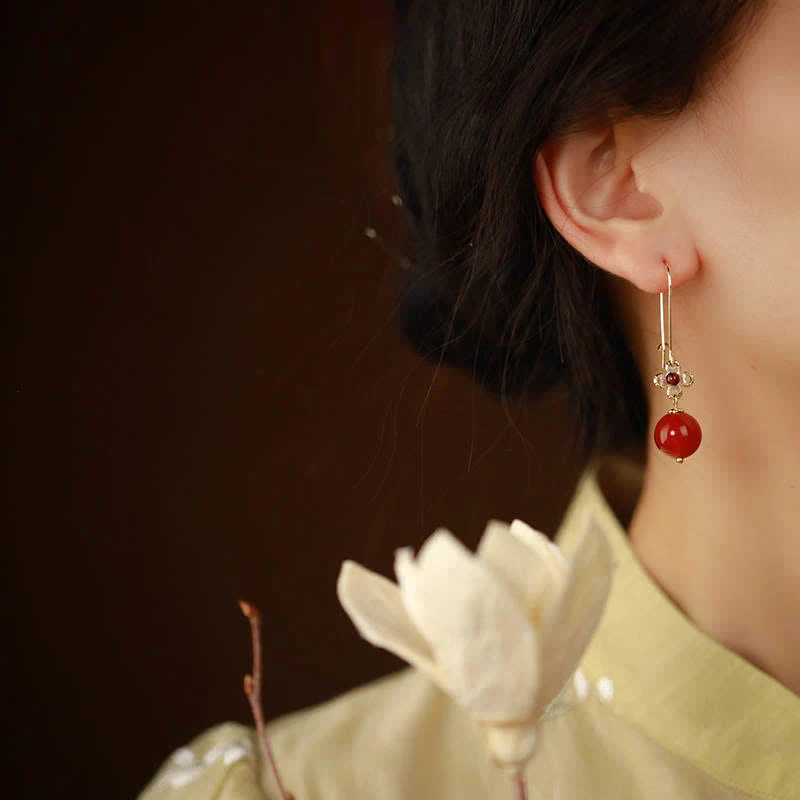 Buddha Stones 925 Sterling Silver Red Agate Flower Beaded Confidence Earrings