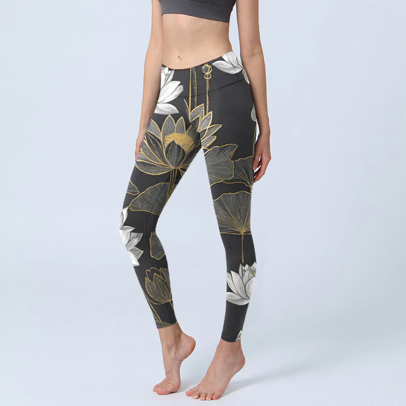 Buddha Stones White Golden Lotus Leaves Print Gym Leggings Women's Yoga Pants