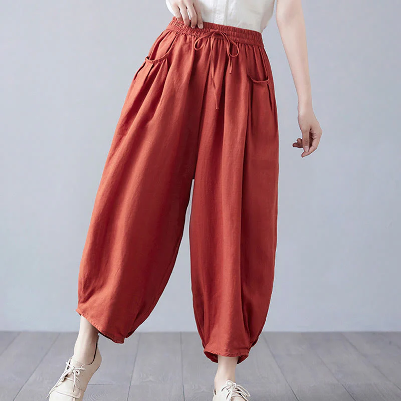 Buddha Stones Summer Plain Cropped Pants Women's Cotton Linen Harem Pants With Pockets