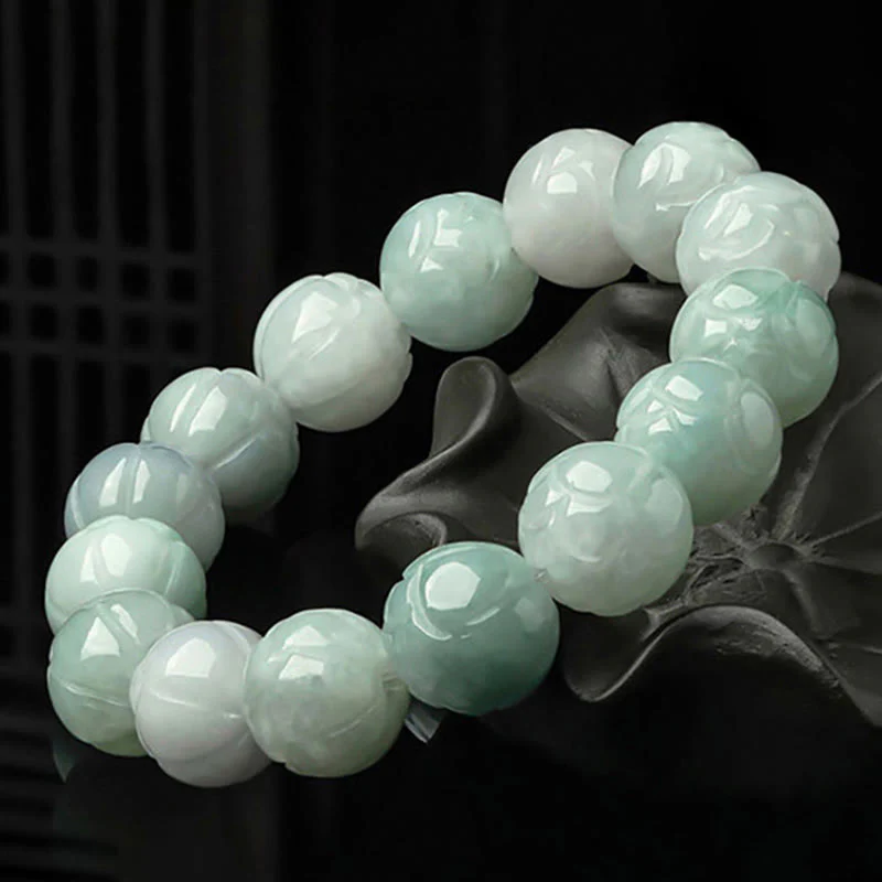 Buddha Stones Natural Jade Lotus Carving Prosperity Bracelet