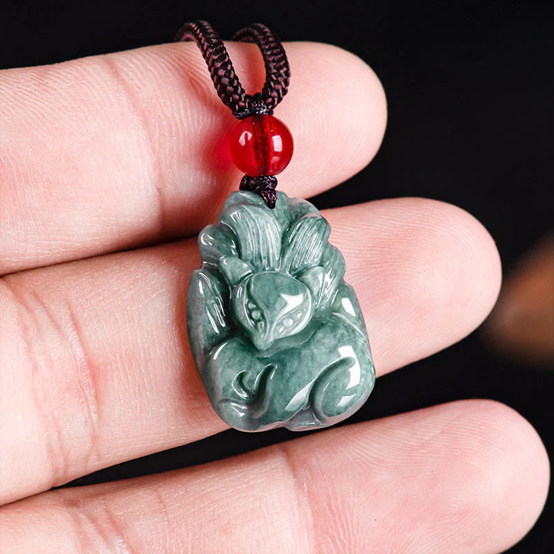 Buddha Stones Natural Green Jade Nine Tailed Fox Engraved Prosperity Necklace Pendant