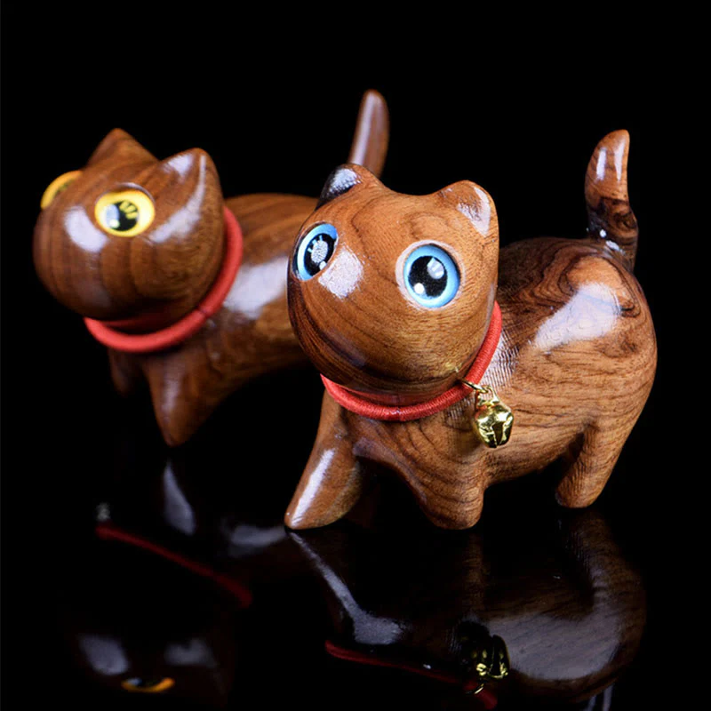 Buddha Stones Rosewood Carving Cat Warmth Home Decoration