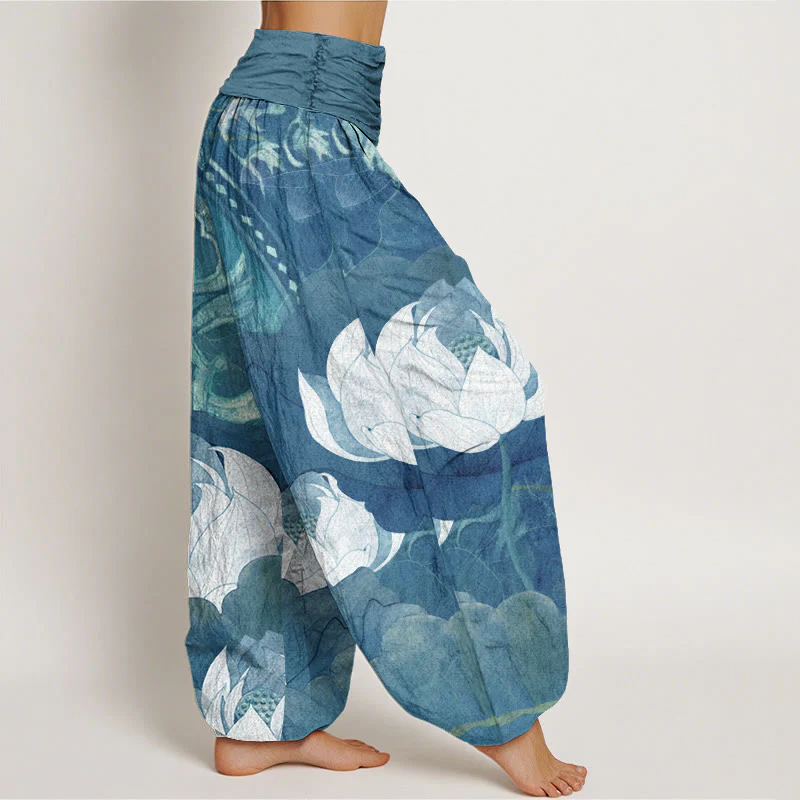 Buddha Stones White Lotus Leaves Pattern Casual Women's Elastic Waist Harem Pants