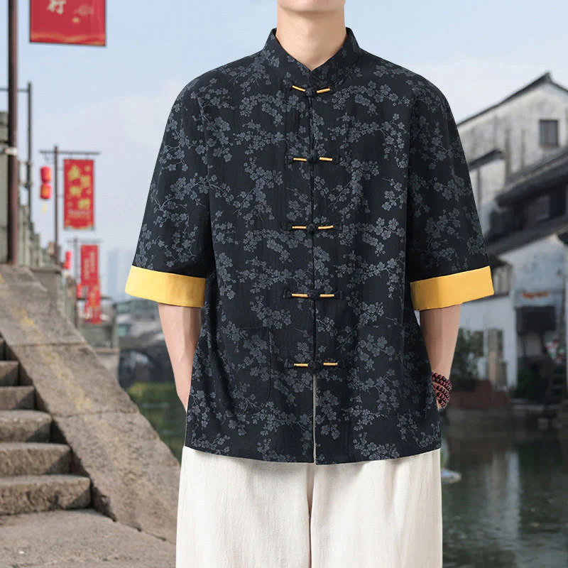 Buddha Stones Retro Printing Flower Pattern Frog-Button Design Stand Collar Men's Half Sleeve Cotton Shirt With Pockets
