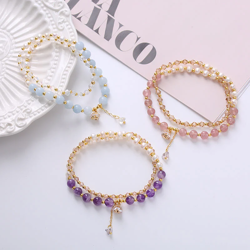 Buddha Stones Natural Amethyst Aquamarine Strawberry Quartz Pearl Peace Healing Double Wrap Bracelet