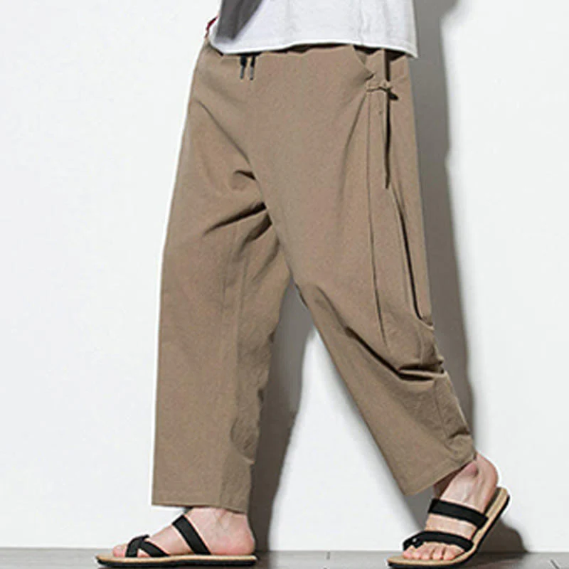 Buddha Stones Summer Side Frog-Button Design Men's Cotton Linen Pants With Pockets