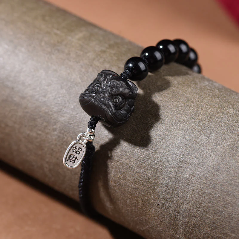 Buddha Stones Black Obsidian Silver Sheen Obsidian Cute Cat Dancing Lion Strength Bracelet