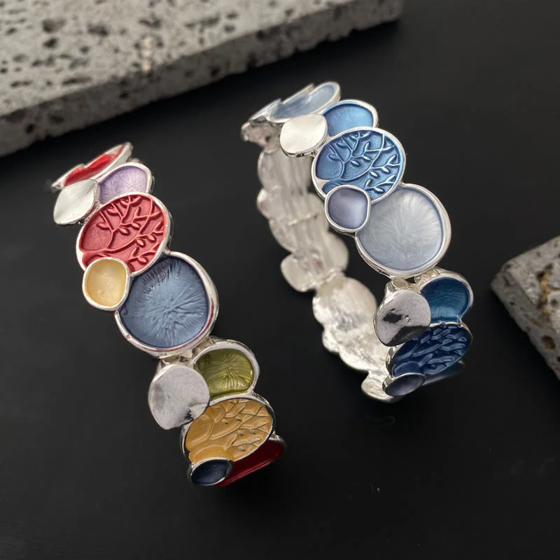 Buddha Stones The Tree Of Life Round Pattern Unity Alloy Elastic Bracelet Bangle