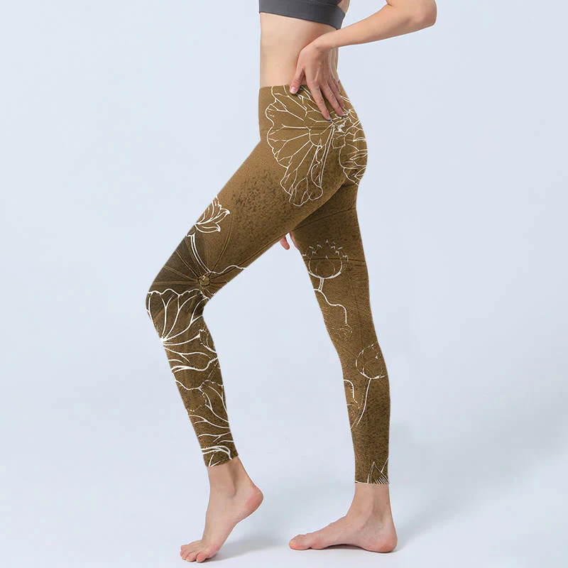 Buddha Stones Goldenrod Lotus Flowers Leaves Print Gym Fitness Leggings Women's Yoga Pants