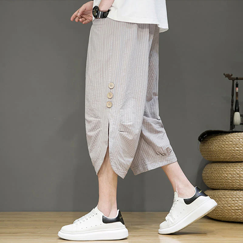 Buddha Stones Casual White Stripes Pattern Drawstring Button Design Men's Cotton Cropped Harem Pants With Pockets