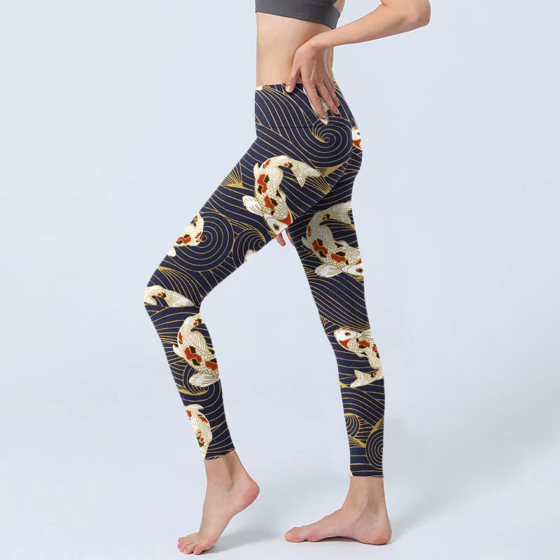 Buddha Stones White Red Koi Fish Ocean Waves Print Gym Leggings Women's Yoga Pants