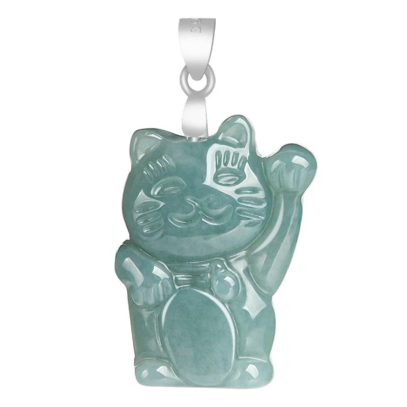 Buddha Stones 925 Sterling Silver Natural Jade Lucky Cat Abundance Necklace Pendant