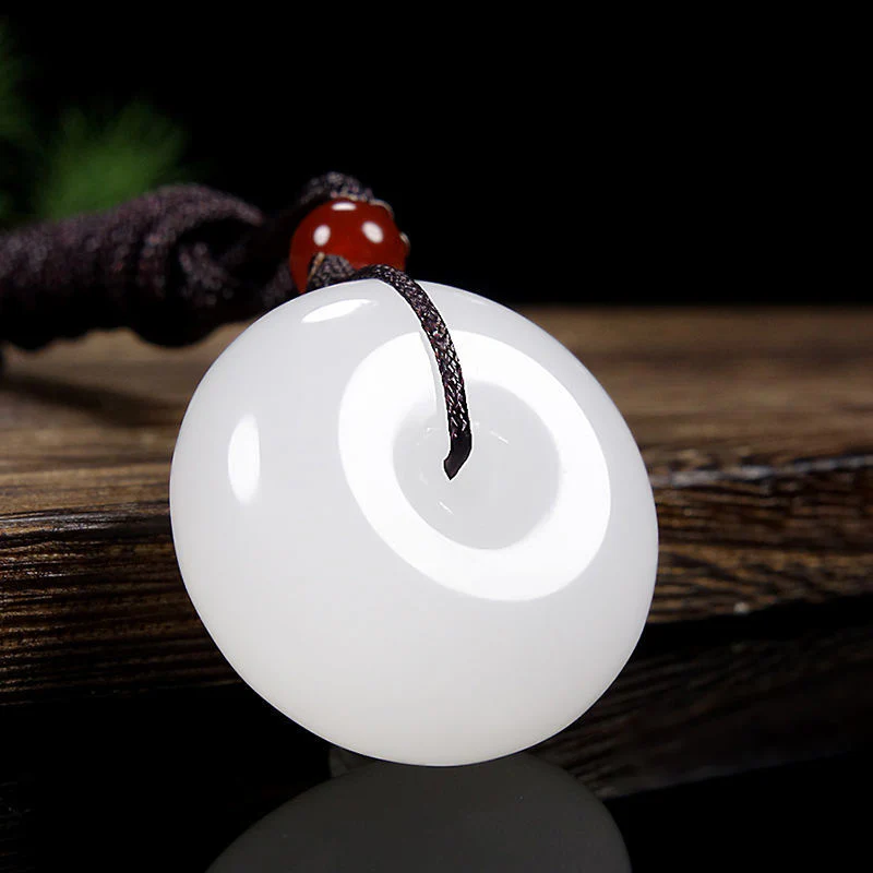 Buddha Stones Round Hetian White Jade Peace Buckle Blessing Necklace Pendant