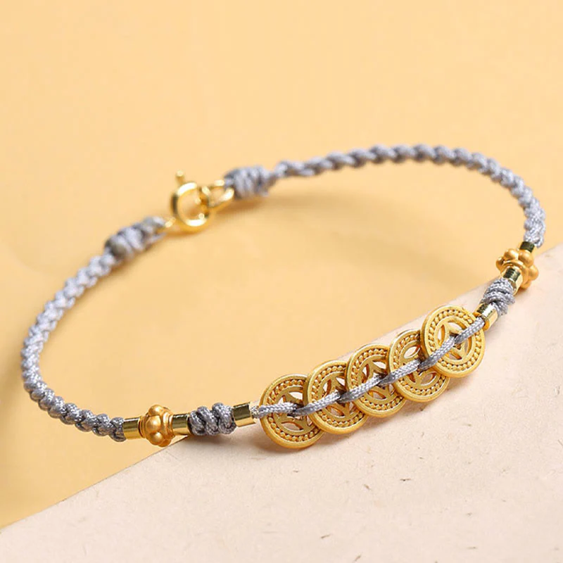 Buddha Stones Copper Coin Fortune Tree Pearl Luck Blue Rope Braided Bracelet