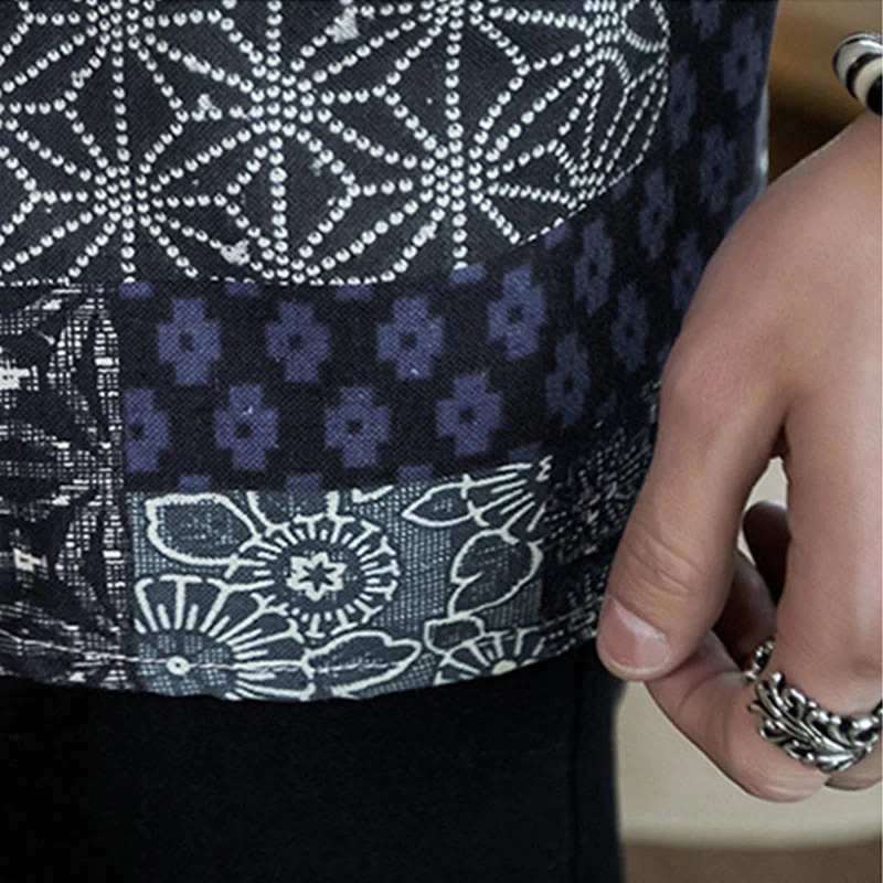 Buddha Stones Ethnic Printing Patchwork Design Open Front Jacket Cotton Linen Men's Kimono