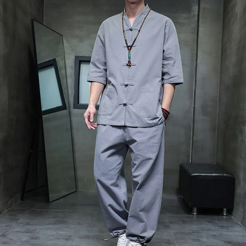 Buddha Stones 2Pcs Tang Suit Frog-Button Design Shirt Pants With Pockets Men's Cotton Linen Meditation Cloth Set