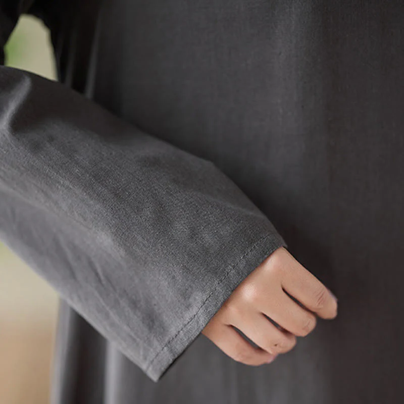 Buddha Stones Casual Plain Crew Neck Cotton Linen Midi Dress With Pockets