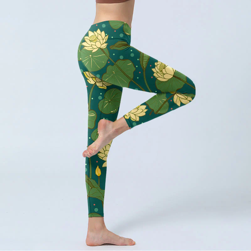 Buddha Stones Blooming Lotus Flower Lotus Leaves Pattern Print Gym Leggings Women's Yoga Pants