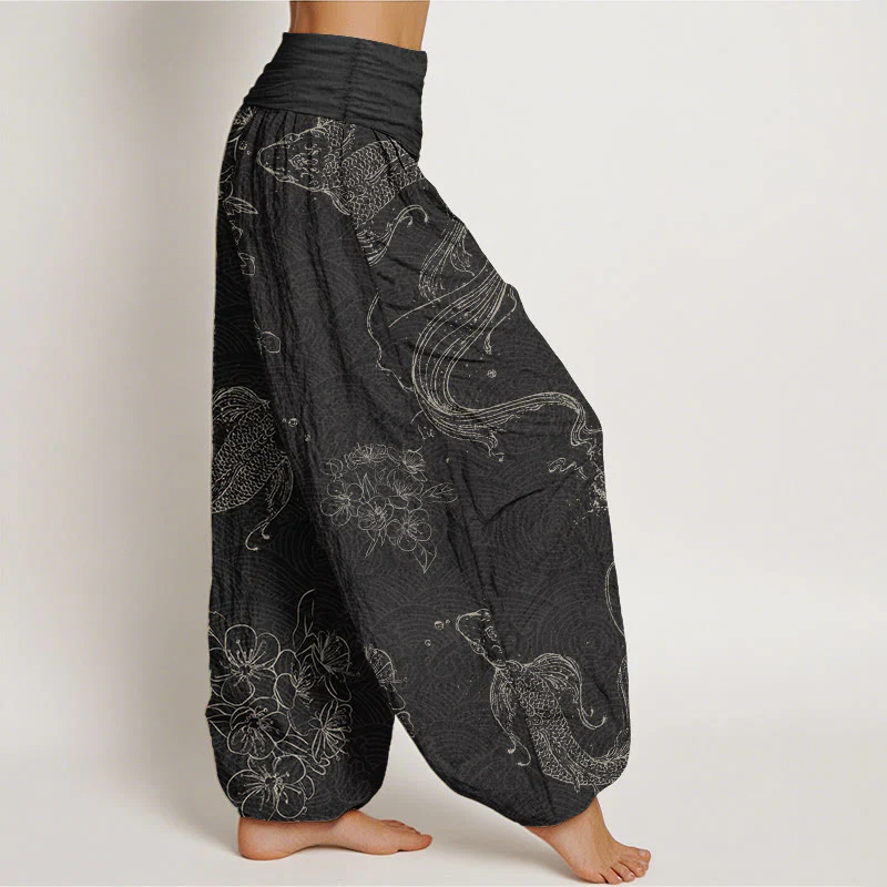 Buddha Stones Pure Cotton Koi Fish Floral Pattern Women's Elastic Waist Harem Pants