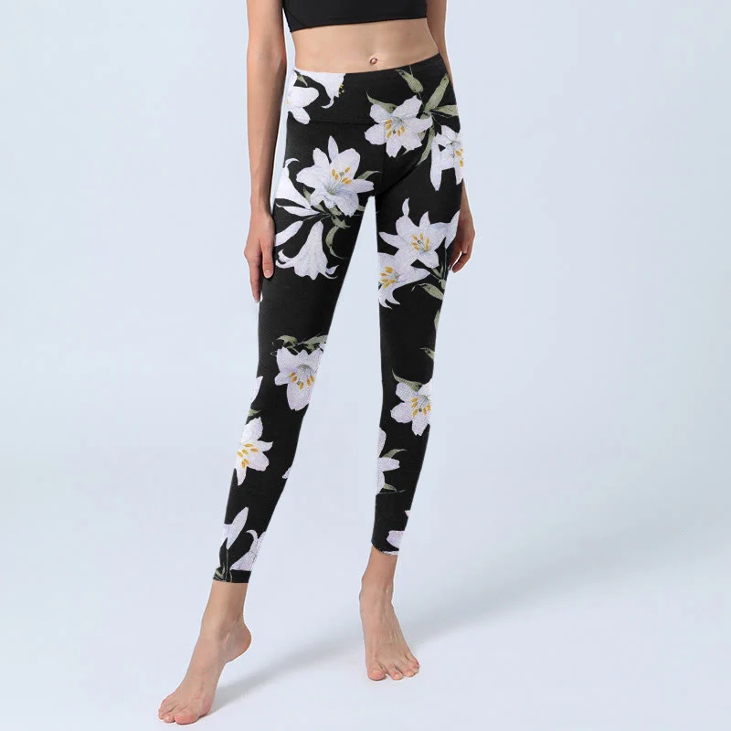 Buddha Stones Black Lily Flower Leaf Pattern Print Gym Leggings Women's Yoga Pants