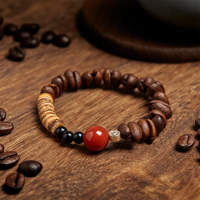 Buddha Stones Natural Coffee Beans Red Agate Coconut Shell Beads Bracelet