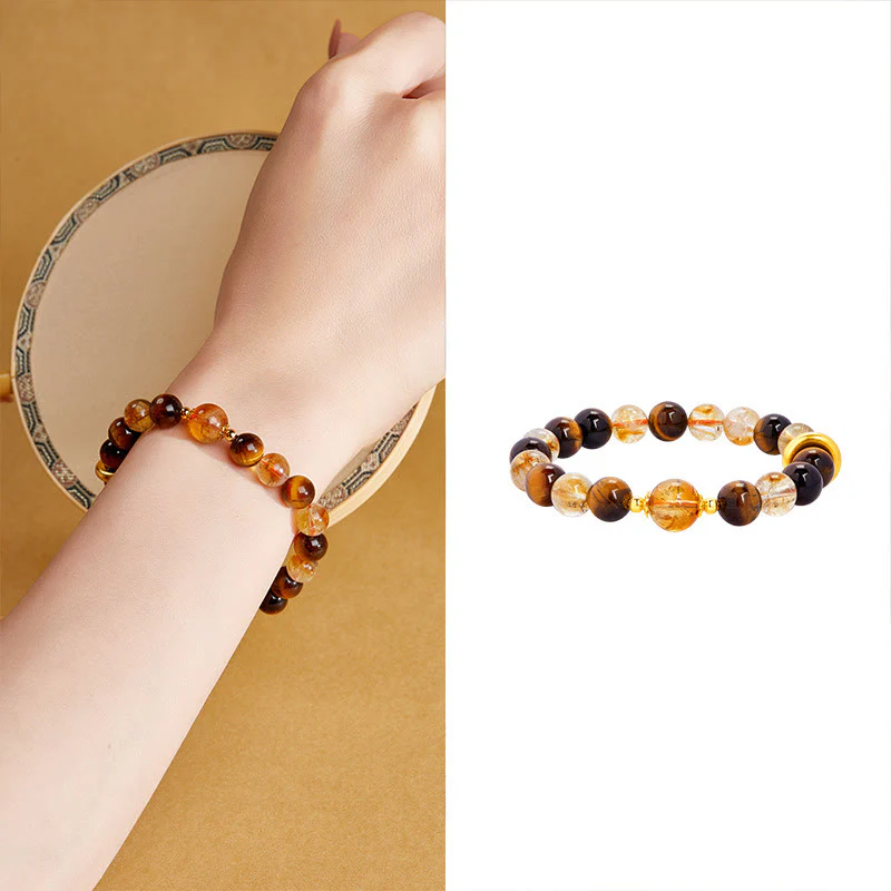 Buddha Stones 999 Sterling Silver Natural Citrine Tiger Eye Peace Buckle Protection Bracelet