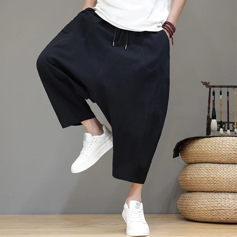 Buddha Stones Casual Plain Low Crotch Design Drawstring Men's Cotton Elastic Waistband Wide Leg Pants With Pockets