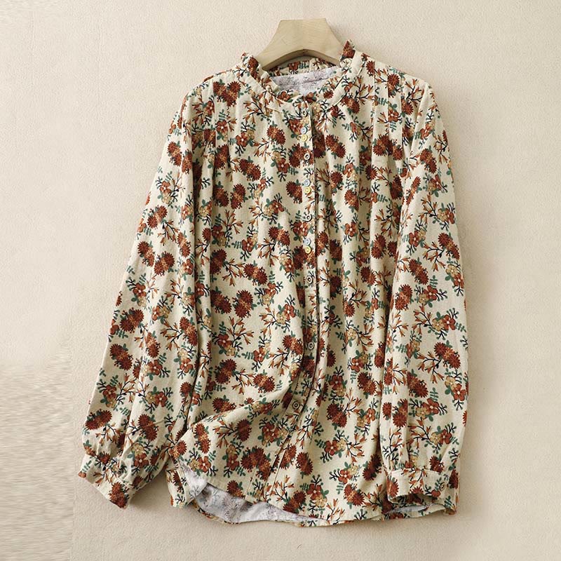 Buddha Stones Casual Florals Crew Neck Cotton Linen Women's Shirt