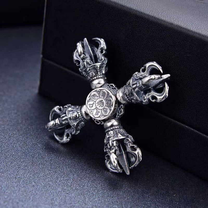 Buddha Stones Tibetan 925 Sterling Silver Double Dorje Vajra Engraved Spiritual Power Pendant