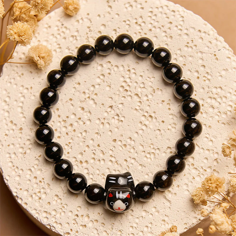 Buddha Stones Black Cat Natural Black Onyx Ceramic Kitten Support Bracelet