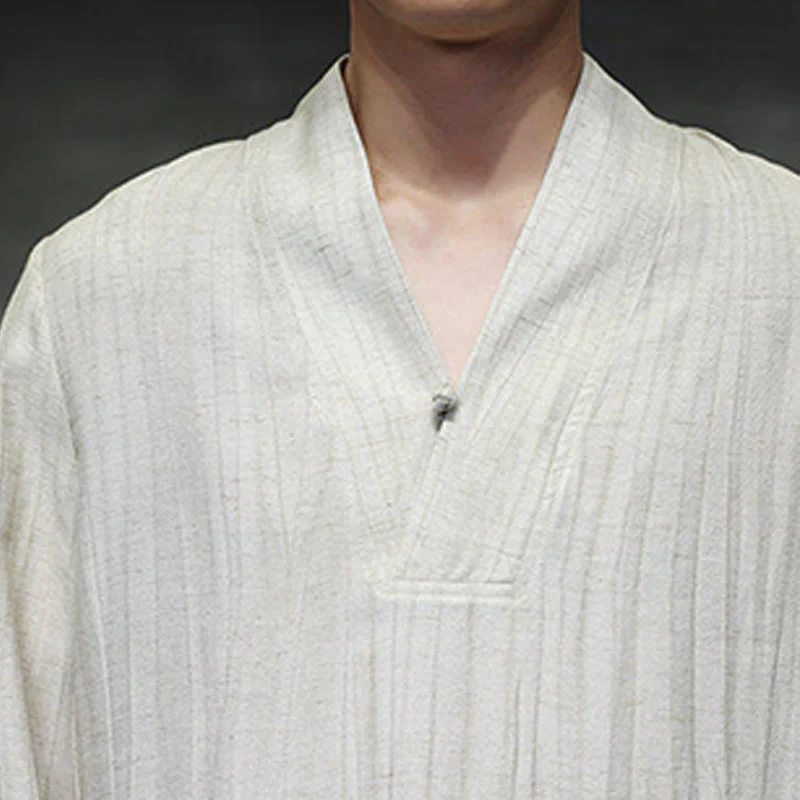 Buddha Stones Plain V-Neck Long Sleeve Men's Linen Shirt