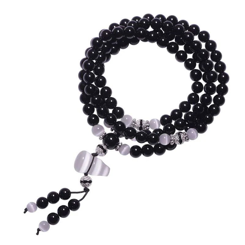 Buddha Stones Black Onyx White Crystal Bead Meditation Bracelet