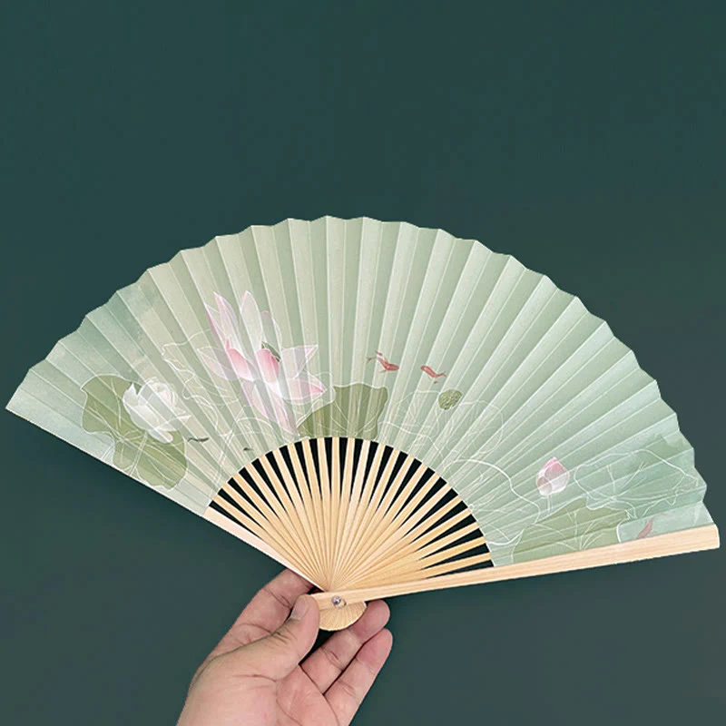 Buddha Stones Lotus Flowers Leaf Koi Fish Handheld Paper Bamboo Folding Fan