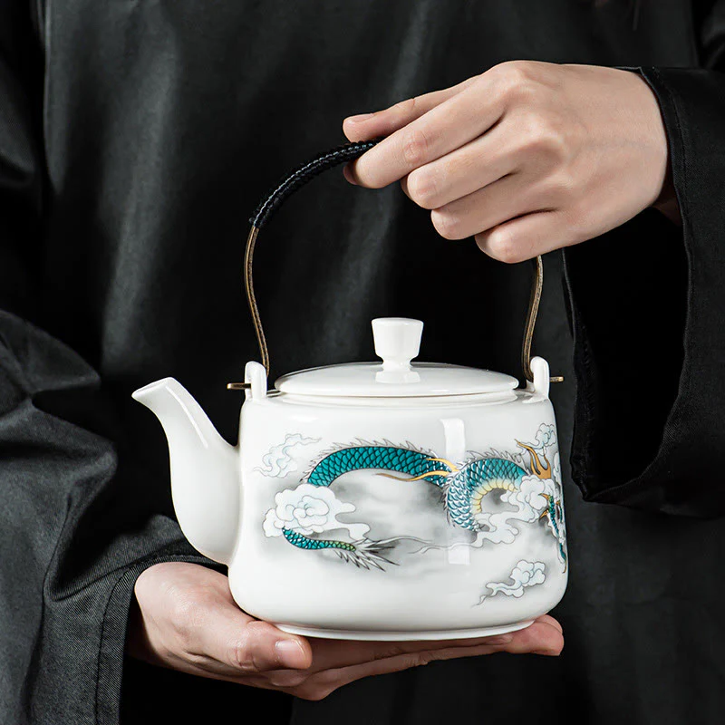 Buddha Stones Vintage Dragon Mountain Fisherman Landscape White Porcelain Ceramic Kung Fu Teapot