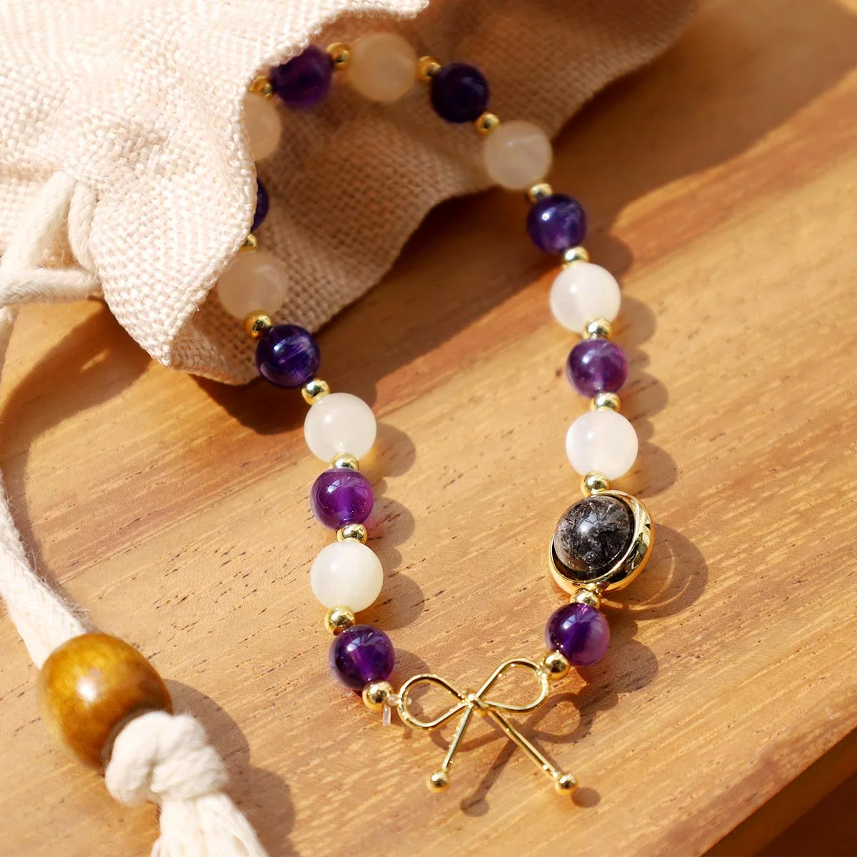 Buddha Stones Amethyst Cat Eye Black Rutilated Quartz Spiritual Bead Bracelet