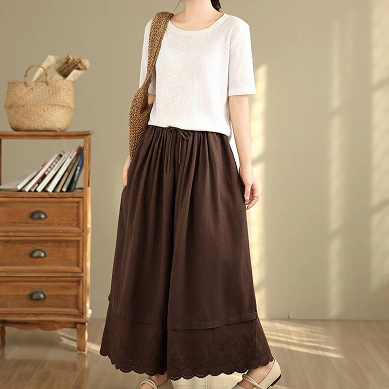 Buddha Stones Spring Embroidery Lace Hem Patchwork Drawstring Design Women's Wide Leg Cotton Pants With Pockets