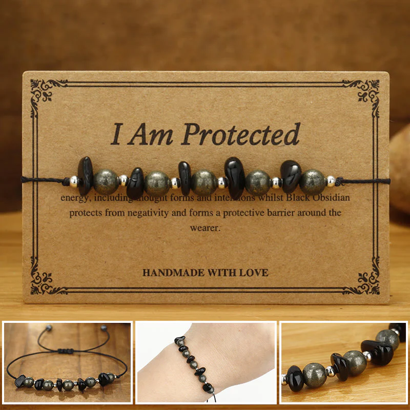 Buddha Stones I Am Protected Iron Pyrite Black Obsidian Fulfillment Bracelet